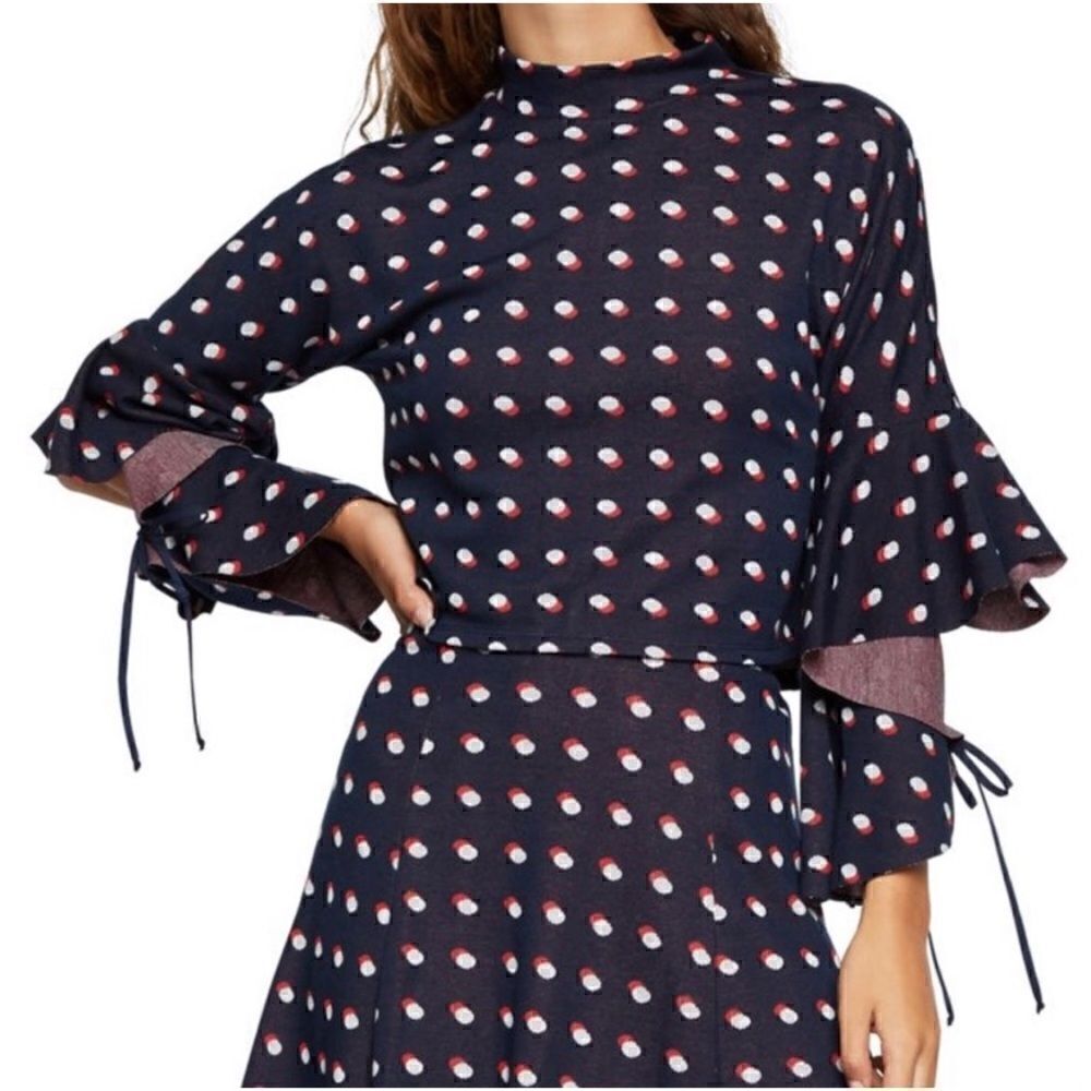 BCBGeneration Blue, Red & White Polka Dot Flutter Sleeves Mock Neck Crop Top